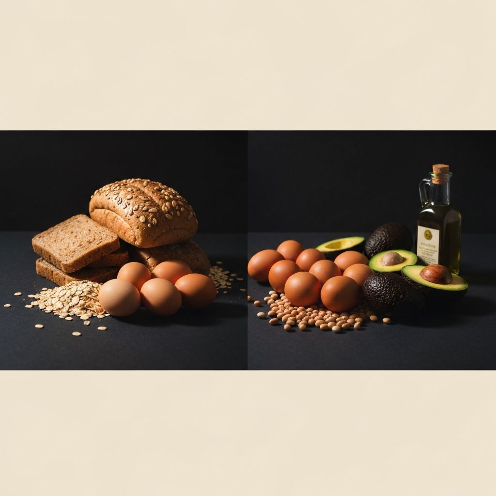 Three groups of whole foods representing carbohydrates, proteins and fats on a dark surface