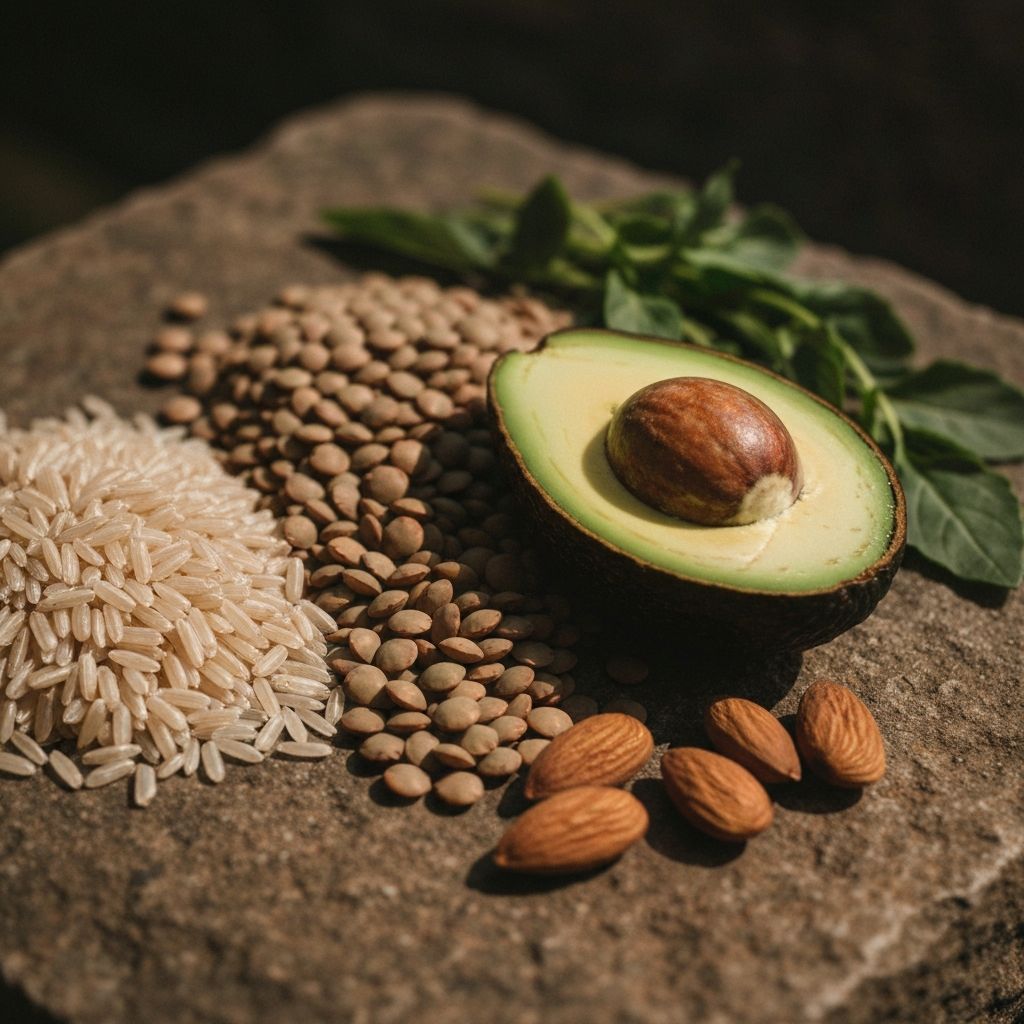 Assorted whole foods including grains, legumes and avocado arranged on stone surface