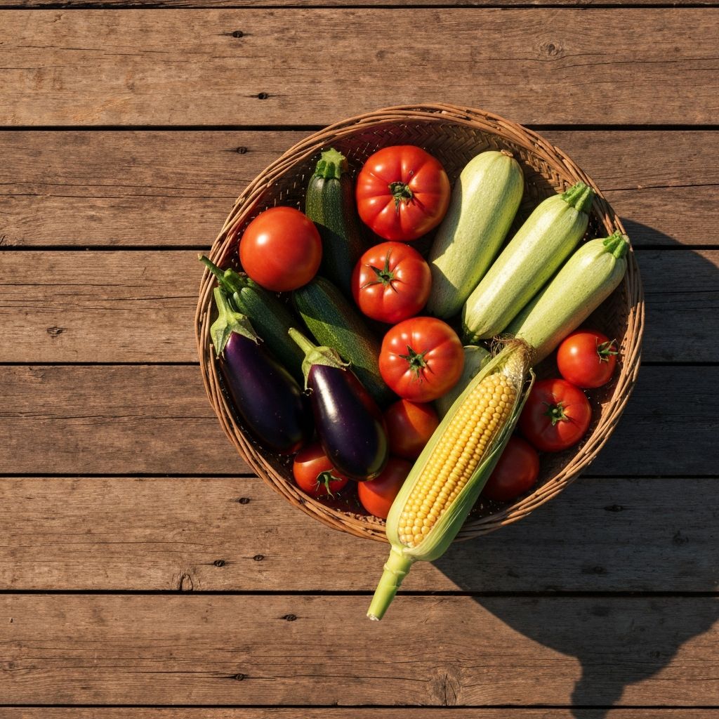 Woven basket overflowing with fresh seasonal vegetables on wooden planks
