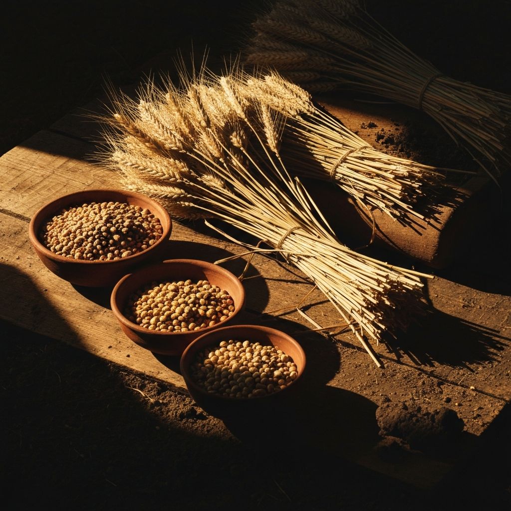 Freshly harvested grain stalks and legumes in clay bowls on a rustic surface